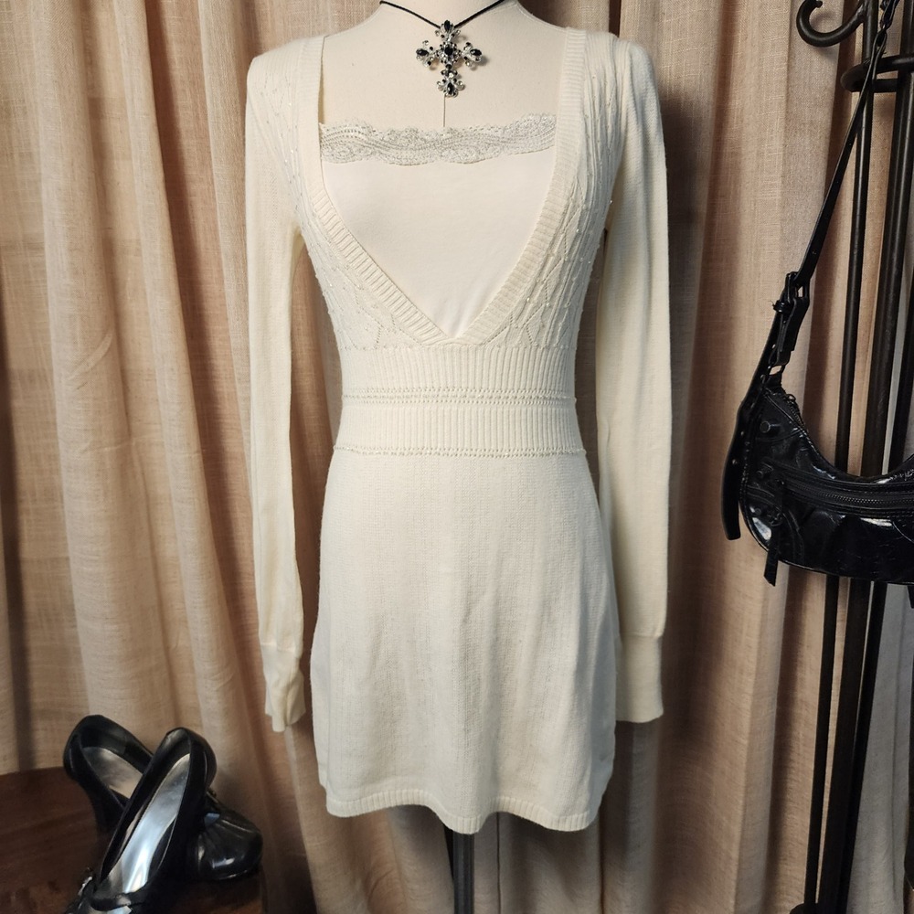 Guess Women M Milk White Sequin V-Neck Pointelle Knit Mini Sweater Dress NWT